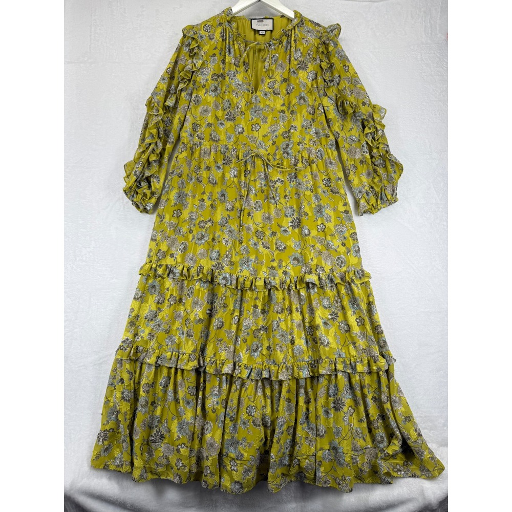 ALEXIS Auja Floral Print Crepe Midi Dress Ruffle Sleeve Tiered Yellow XS